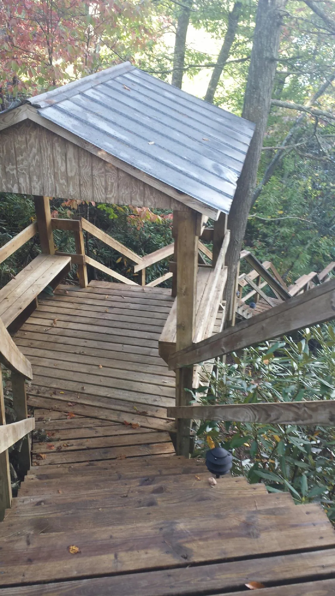 Metal roofed shelter over wooden steps on a wooded walkway — Skylight Repair & Installation work by our crew in Wyandotte